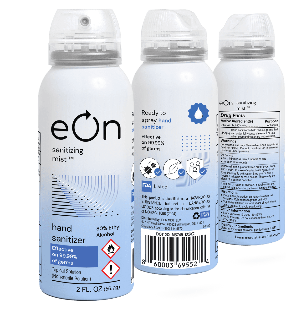 Hand holding eOn Hand Sanitizer can.